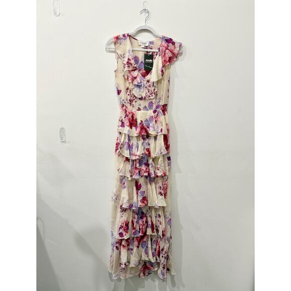 Jill Stuart Collection Silk Floral Tiered Ruffle Maxi Dress Cream/Pink Women's 0 - Picture 2 of 5